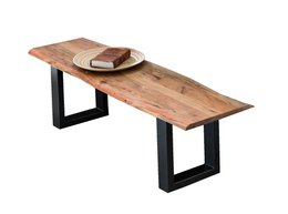 Natural wood bench with black metal frame, 150 cm long