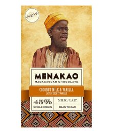 Coconut milk and vanilla chocolate bar with 45% milk content, featuring a smiling African man on the packaging.