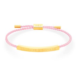 Delicate woven bracelet in pastel pink and gold tones, featuring a thin metal bar accent.