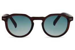  "Dark tortoiseshell round sunglasses with gradient teal blue lenses, vintage style"