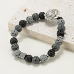  Round black and gray lava stone beaded bracelet with textured beads and a silver-toned metal charm.
