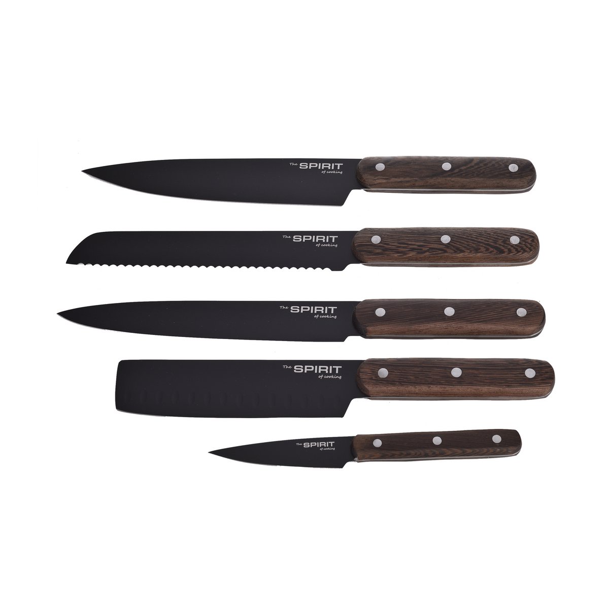 SOSL Set 5 Coltelli da Cucina Pelapatate Taglio Pane Preparazione Culinaria Cottura Lama Nera Legno Wengè