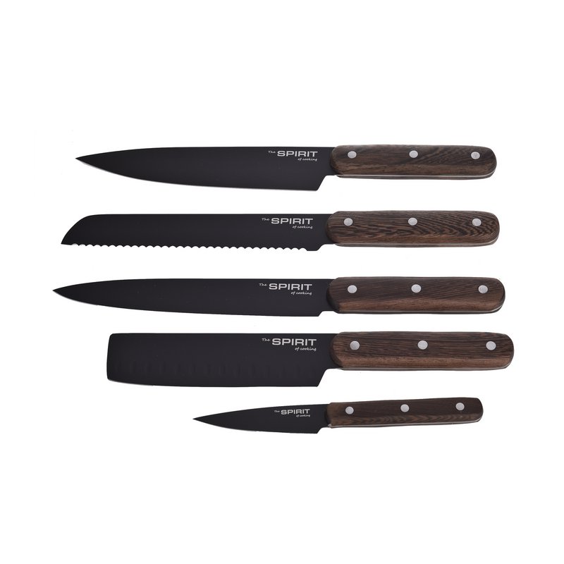 SOSL Set 5 Coltelli da Cucina Pelapatate Taglio Pane Preparazione Culinaria Cottura Lama Nera Legno Wengè