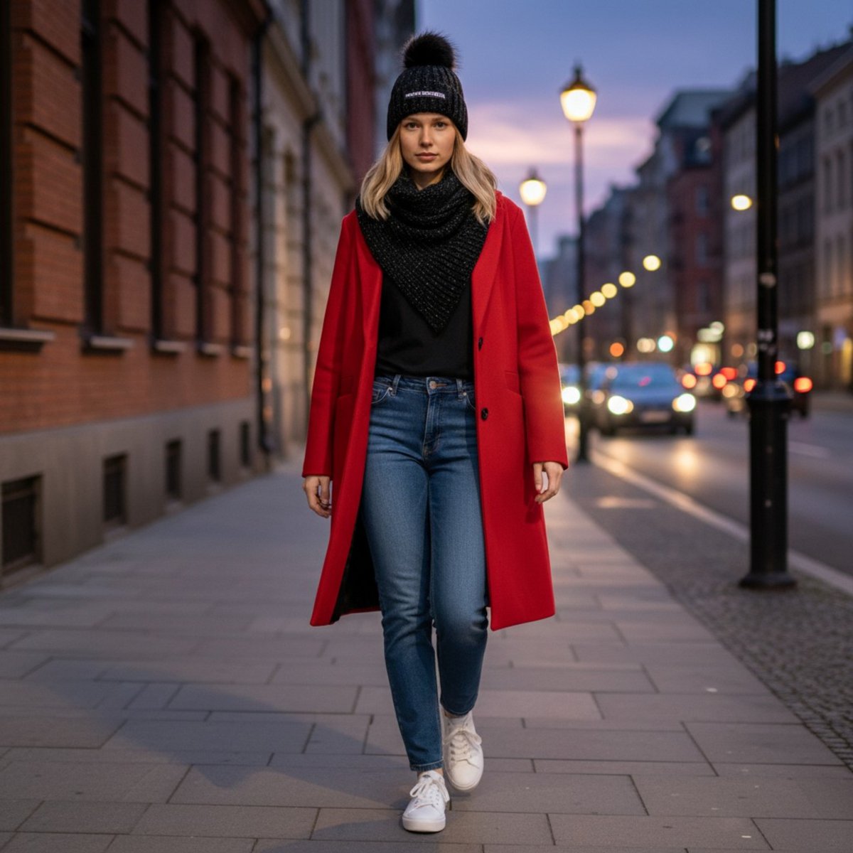 RB5006A | SAINT MORITZ – Doppellagige Stockinette-Strickmütze für Damen mit Pompon, hergestellt in Italien. Schwarze Farbe