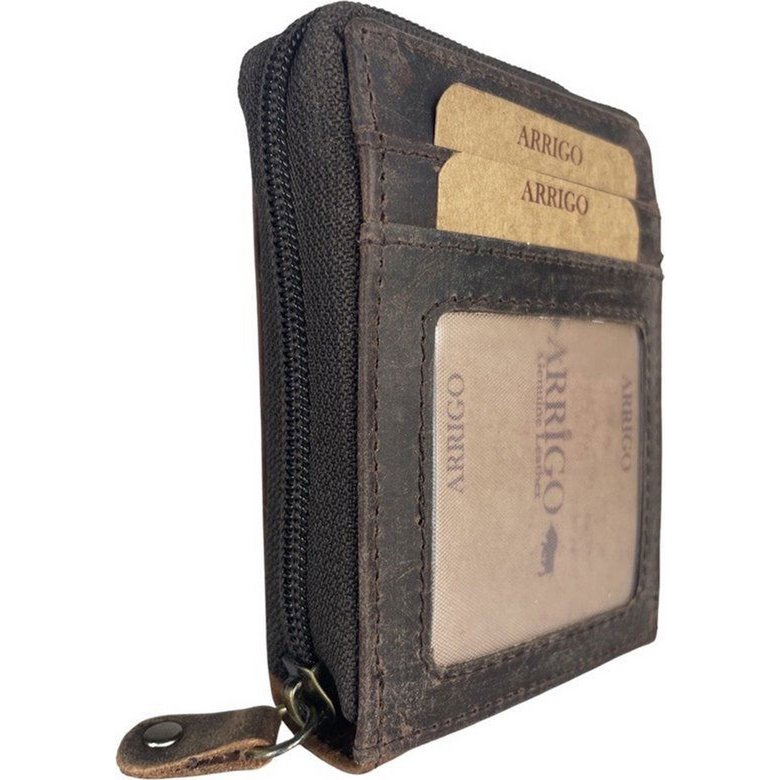 Card holder with zipper anti skim rfid brown buffel leather women