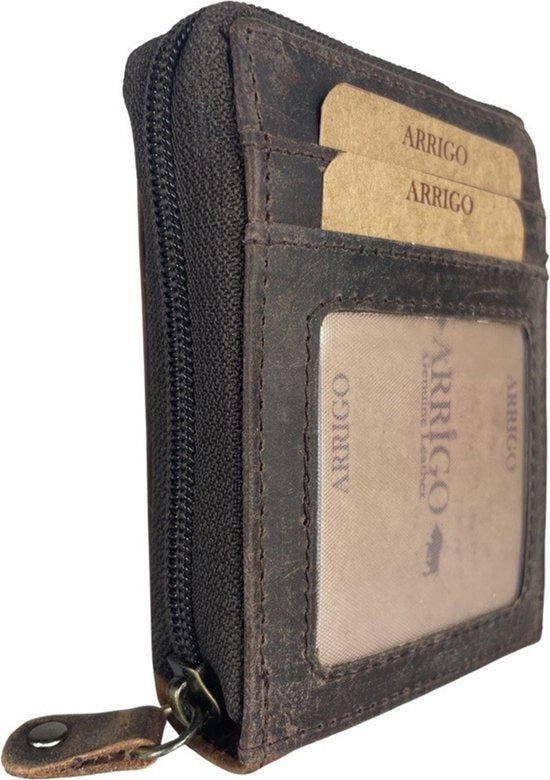 Card holder with zipper anti skim rfid brown buffel leather women