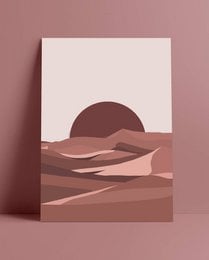Desert landscape poster featuring a minimalist sunset scene with rolling hills and a large sun in warm, earthy tones.