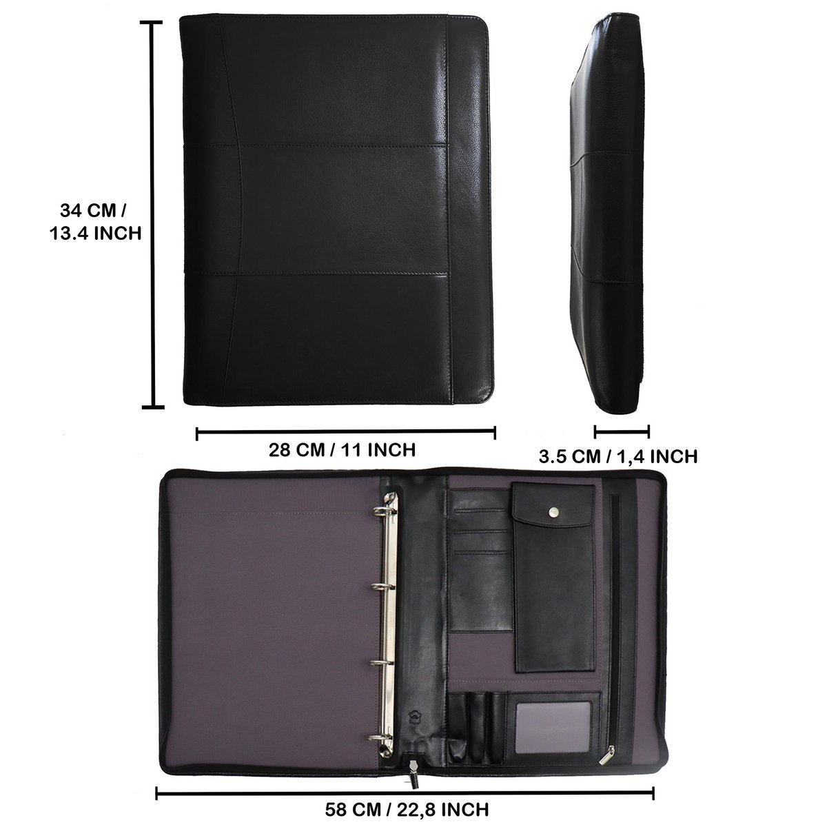 Leather Writing Folder Left Handed - Conference Folder - Workbook Tablet Cover & Laptop Sleeve - Removable Ring Binder A4