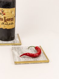 Square natural stone bottle coaster with half edges in brass
