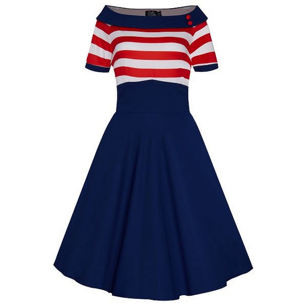 EU Stock Darlene Retro Swing Dress in Navy med røde og hvide striber