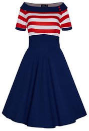 EU Stock Darlene Retro Swing Dress in Navy med røde og hvide striber