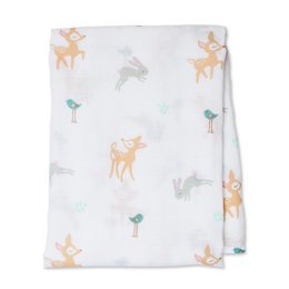 White cotton swaddle with little fawn deer, birds, and forest animals pattern, 120x120cm