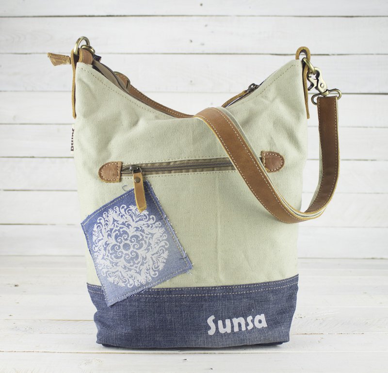Sunsa Damen Nachhaltige Umhängetasche. Schultertasche aus recycelte Jeans & Canvas ( Segeltuch). Handtasche Vintage retro Stil. Crossbody Tasche für Frauen mit Mandala Aufdruck