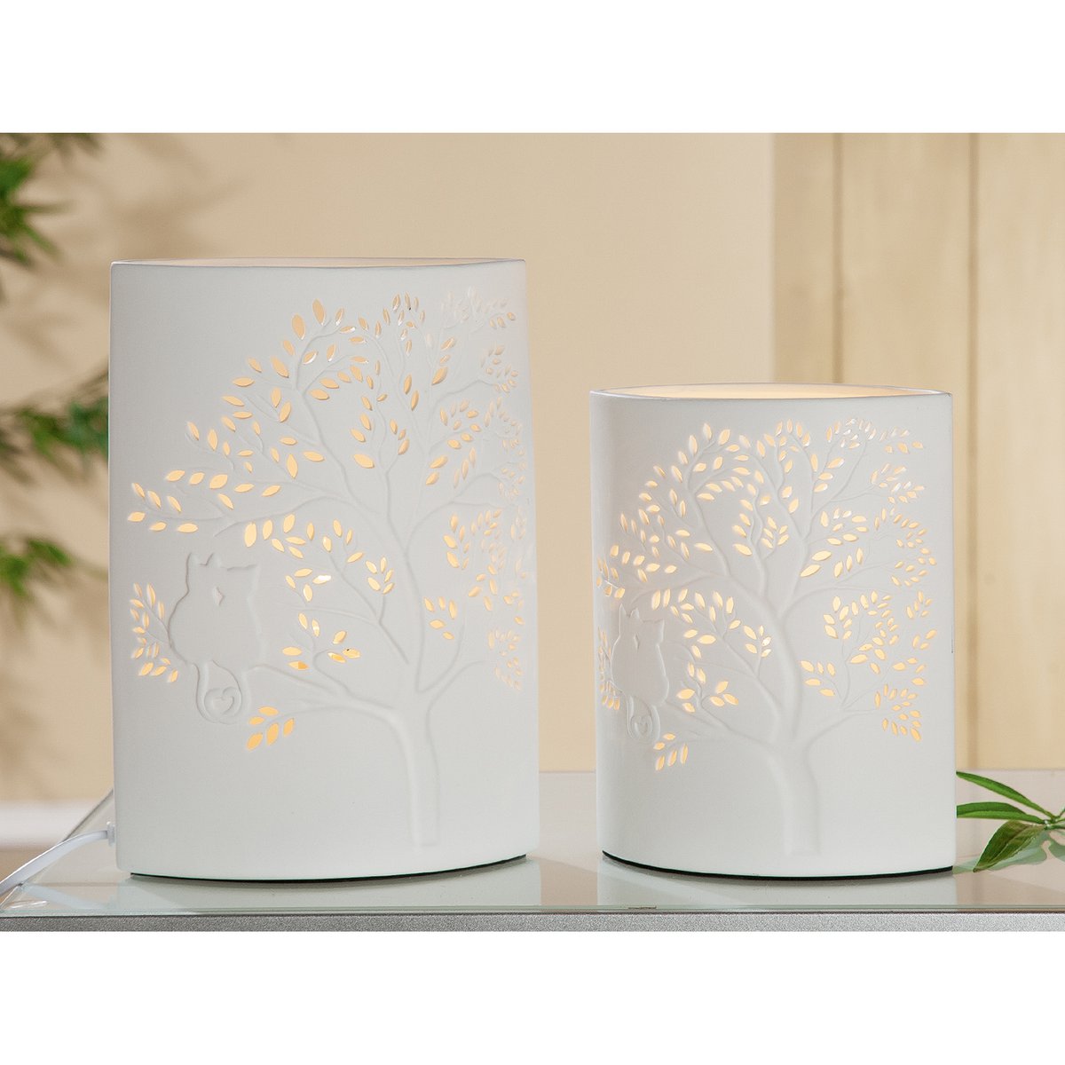 Porzellan Lampe Ellipse Baum/Katze