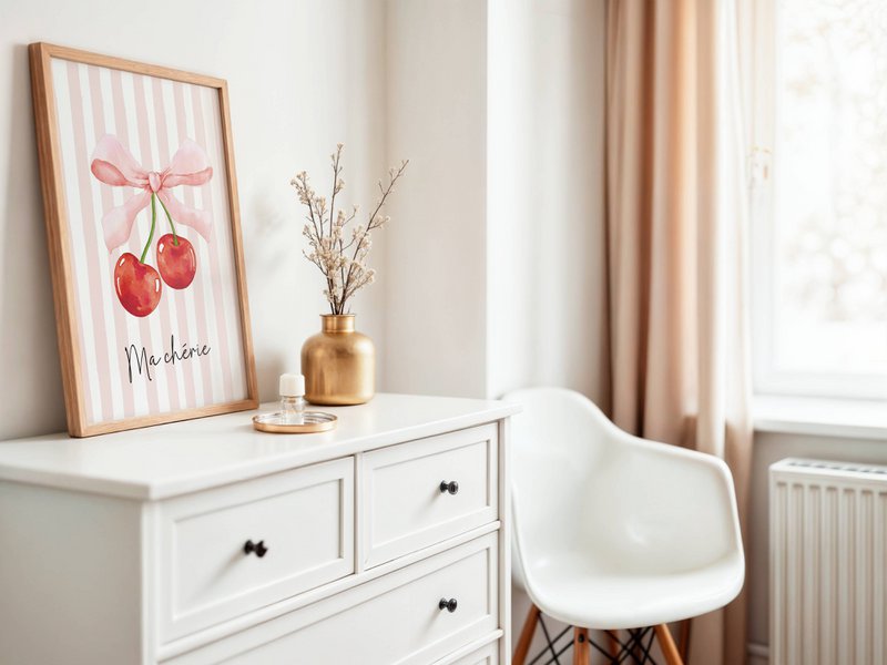 Ma Cherie print, cherry poster, cherry bow poster, Coquette print, pink girls room poster, girls nursery poster