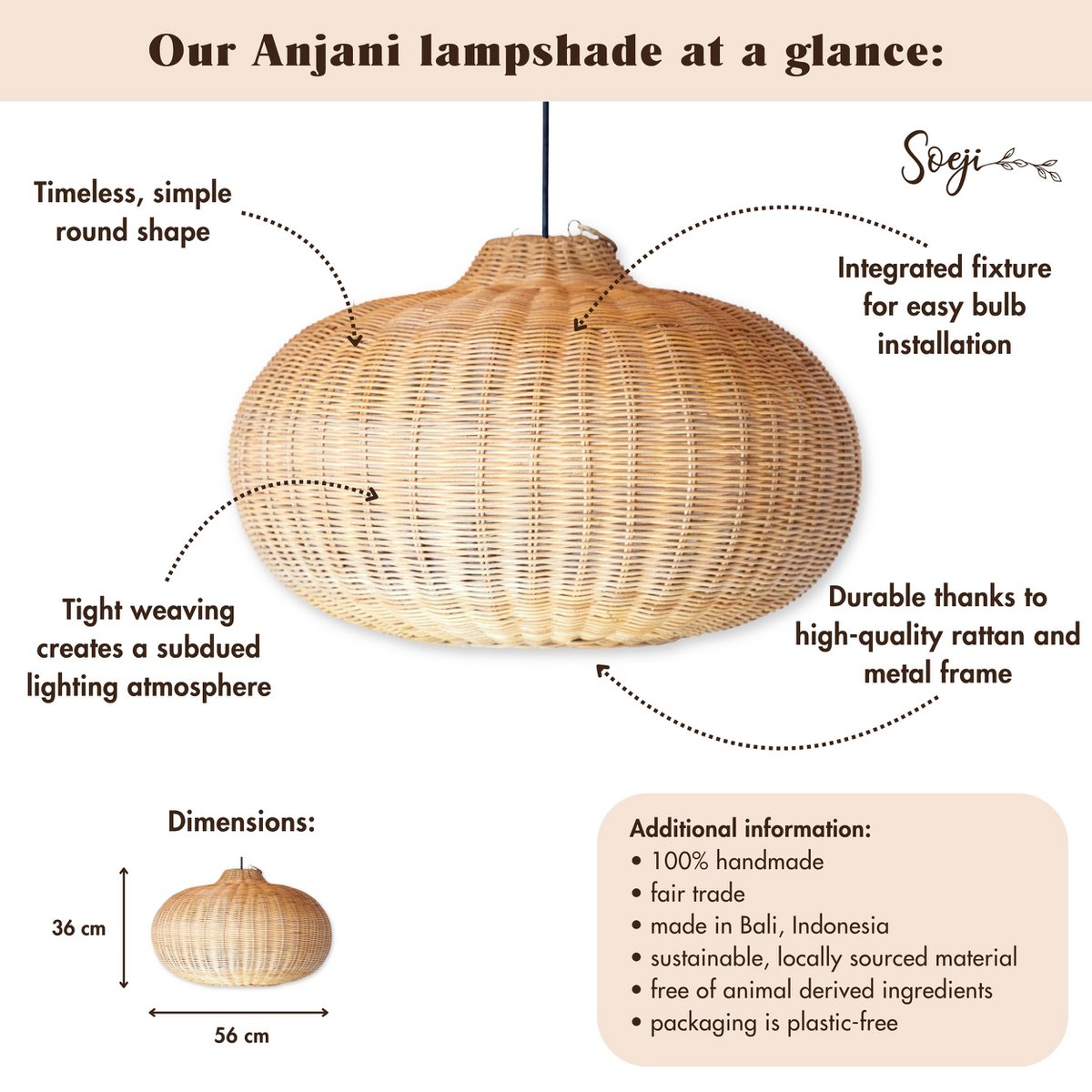 Lámpara de ratán grande - Luz de colgante boho redondo - Lámpara colgante de ratán hecha a mano - Sala de lámpara tejida de fibra natural (Ø 56 cm) Anjani