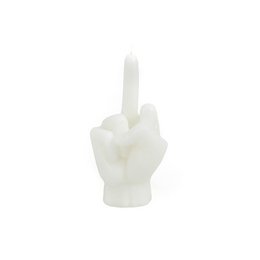 White candle in the shape of a raised middle finger. Humorous party candle.