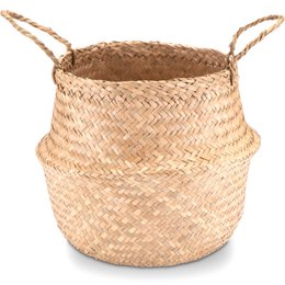  Woven seagrass storage basket with handles, available in 3 sizes (25cm, 30cm, 35cm diameter) for storage and decor.