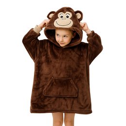 A brown hooded blanket with a monkey design, suitable for kids. The blanket measures 45x60 cm and is made of soft, plush material.