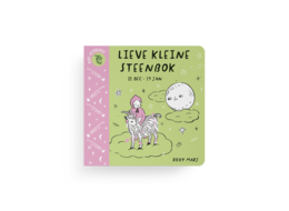 A children's book with a pink cover featuring a cute cartoon deer and a fluffy white creature. The title "Lieve kleine steenbok" suggests this is a book about a young steinbok or chamois.