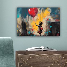 Canvas schilderij  - Wanddecoratie Meisje - Ballon - Hart - Graffiti - Muurdecoratie woonkamer - Slaapkamer decoratie - Kamer accessoires - Schilderijen op canvas