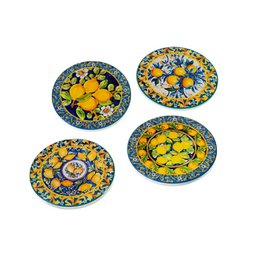 Yellow lemon motif coasters, blue ceramic dolomite, round decorative tableware set.