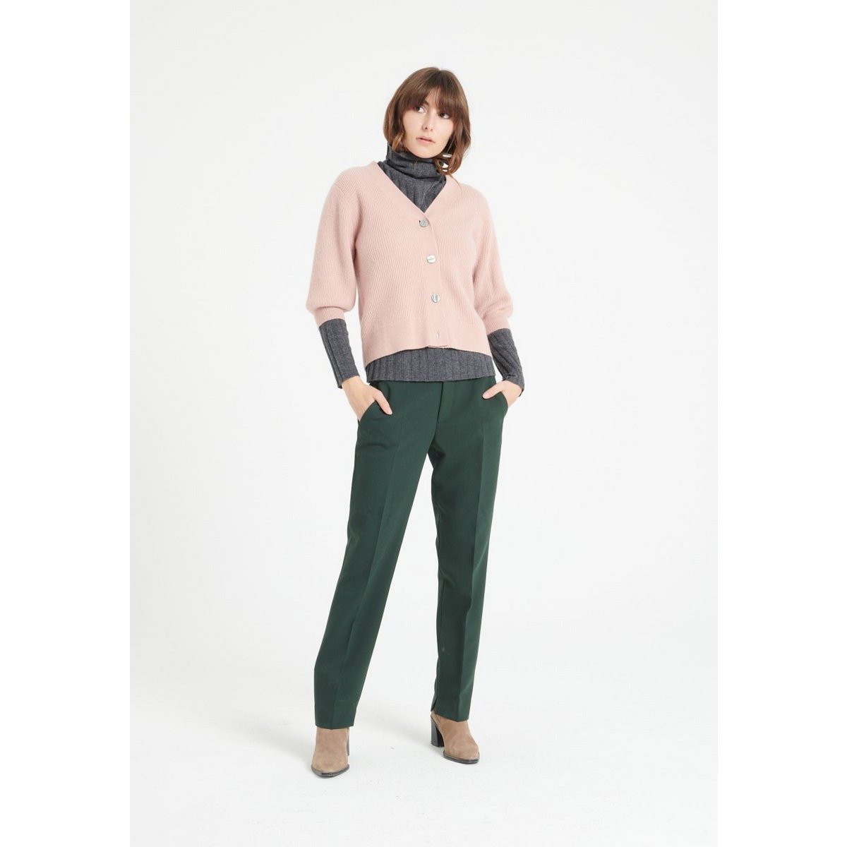 MIA 13 Cardigan scollo a V a maniche corte in cashmere con lavorazione a coste rosa cipria