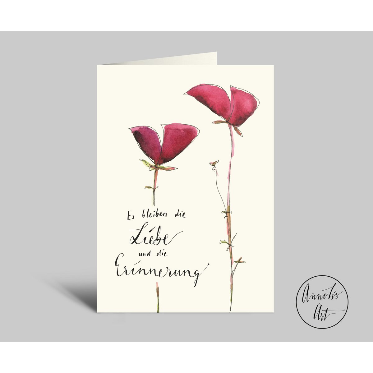 Sympathy card with flowers | Lettering "Love and memories remain" | Folded card + envelope
