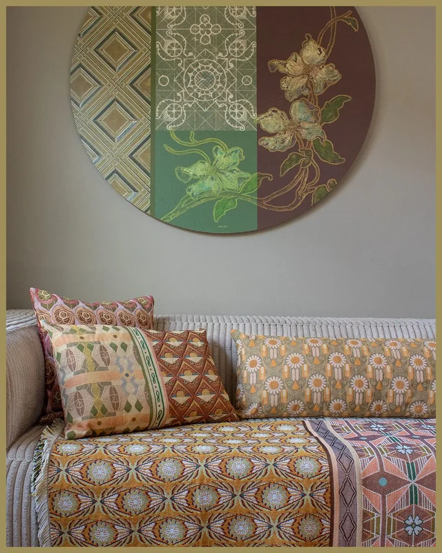 NIN-NIT | Cojín Nouveau de Soleil | 100% algodón tejido | cojín decorativo con soles, mosaico, estampado de naturaleza | marrón | beige | rosa | verde | amarillo | 40x60cm