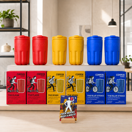 Colorful travel cups set red yellow blue cylindrical modern minimalist design retail collection starter pack