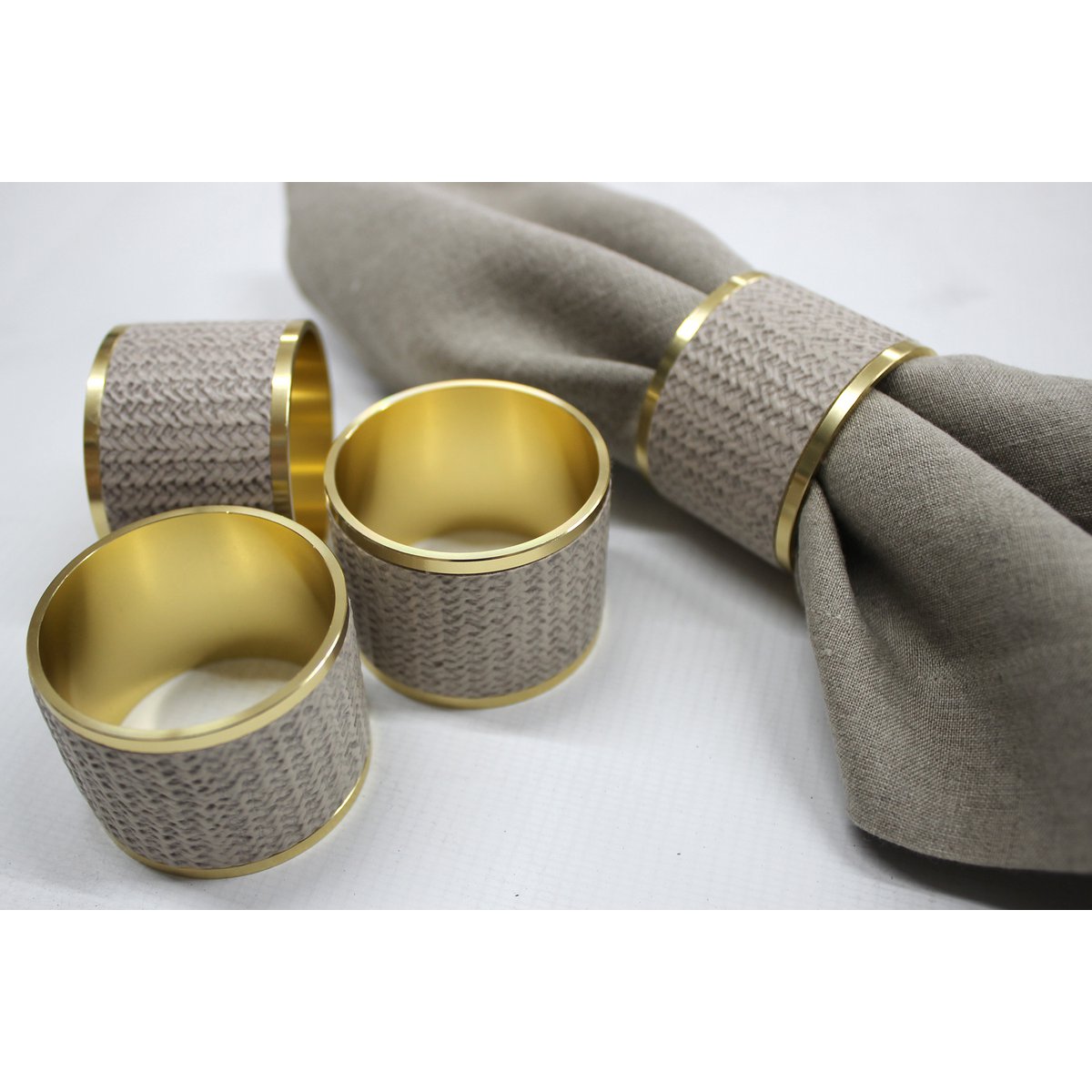 Rings de servilleta 4-ER Set Brass Beige Synthetic Leather Estampado