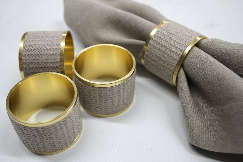 Rings de servilleta 4-ER Set Brass Beige Synthetic Leather Estampado