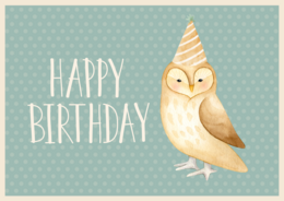Greeting card with a cute owl wearing a party hat and the text "Happy Birthday!" on a teal background with a polka dot pattern.