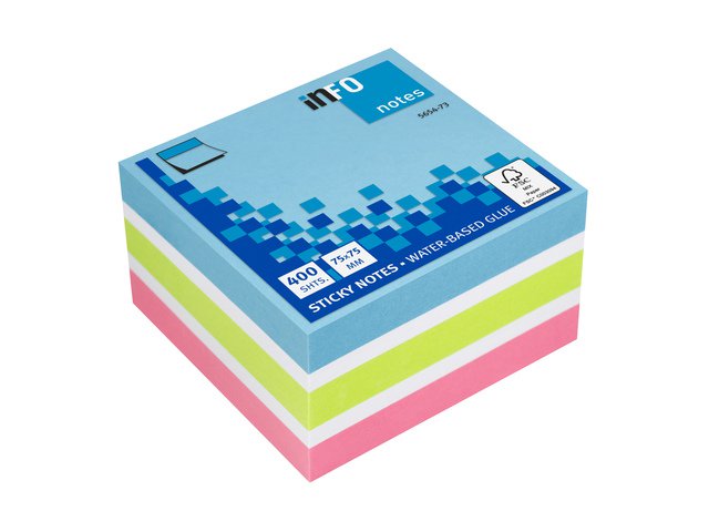 Info-Notizen, 75 x 75 mm, sortierter Block mit 400 Blatt, blau, weiß, grün, rosa