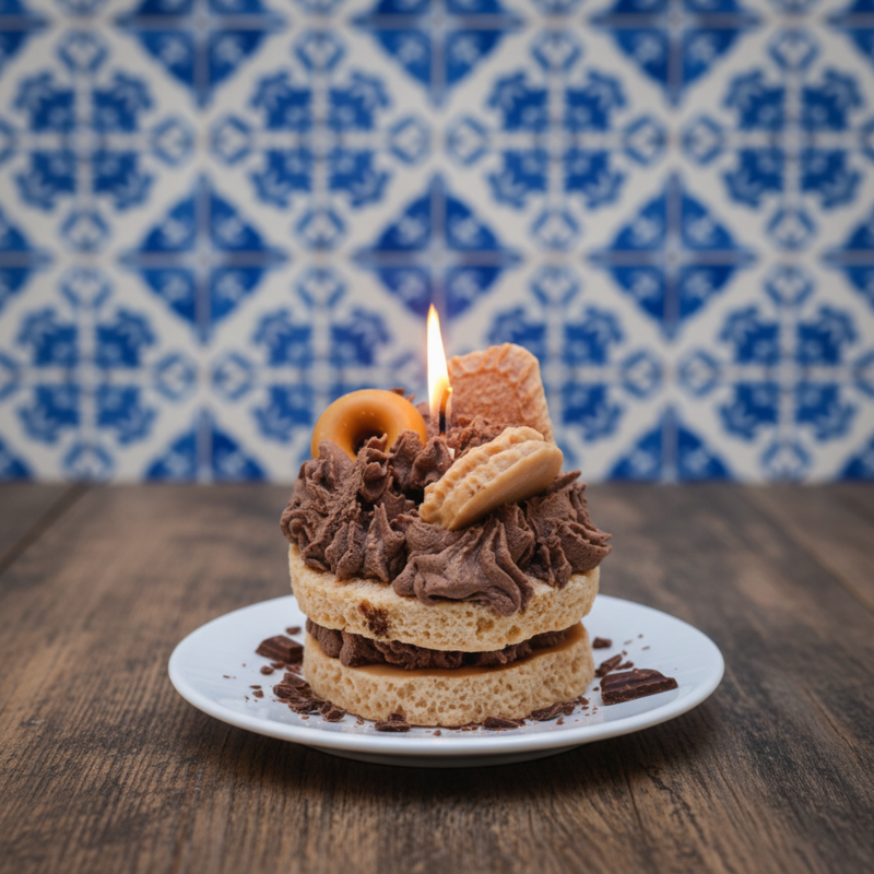 LAVURI® Caramel Cake Candle - Cake with whipped cream, chocolate bars and cookie rings as decoration