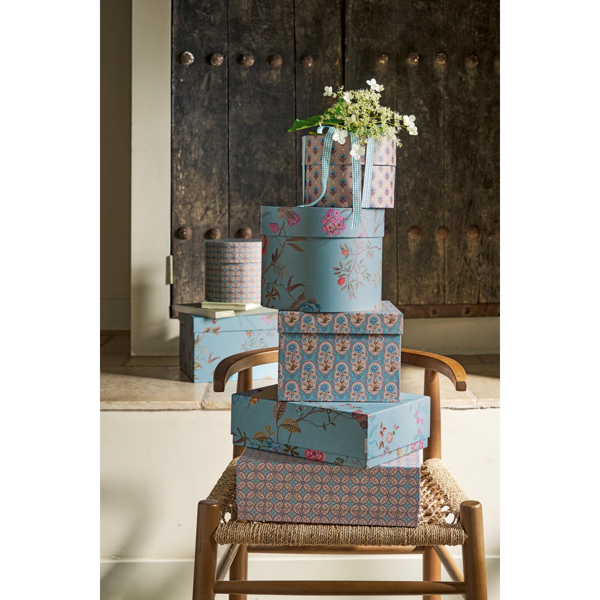 Set/2 Box Square Blooming Tales Blue-Khaki