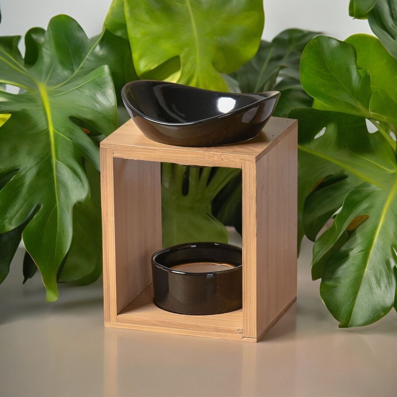 Quemador de perfume serie Naturea - Kalos - Portavelas de cera perfumada - Objeto decorativo de aromaterapia - Bambú y cerámica - Idea de regalo