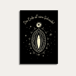 A black and white postcard with a mystical, celestial design featuring a central eye-like shape surrounded by stars and the text "The Rede of Fare Scribe".