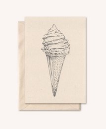 Sustainable card with ice cream and elderflower design, featuring a hand-drawn illustration of a soft-serve ice cream cone on a cream-colored background.