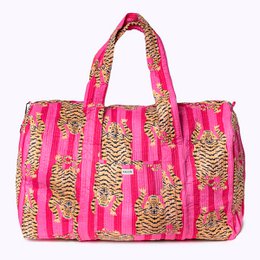  Large pink and gold striped weekend bag with tiger print accents, made of cotton and polyester.