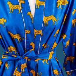 Royal Blue Block Print Morgenmantel, badekåbe, 100% bomuld, morgenmantel, kimono, fra Indien, håndprint