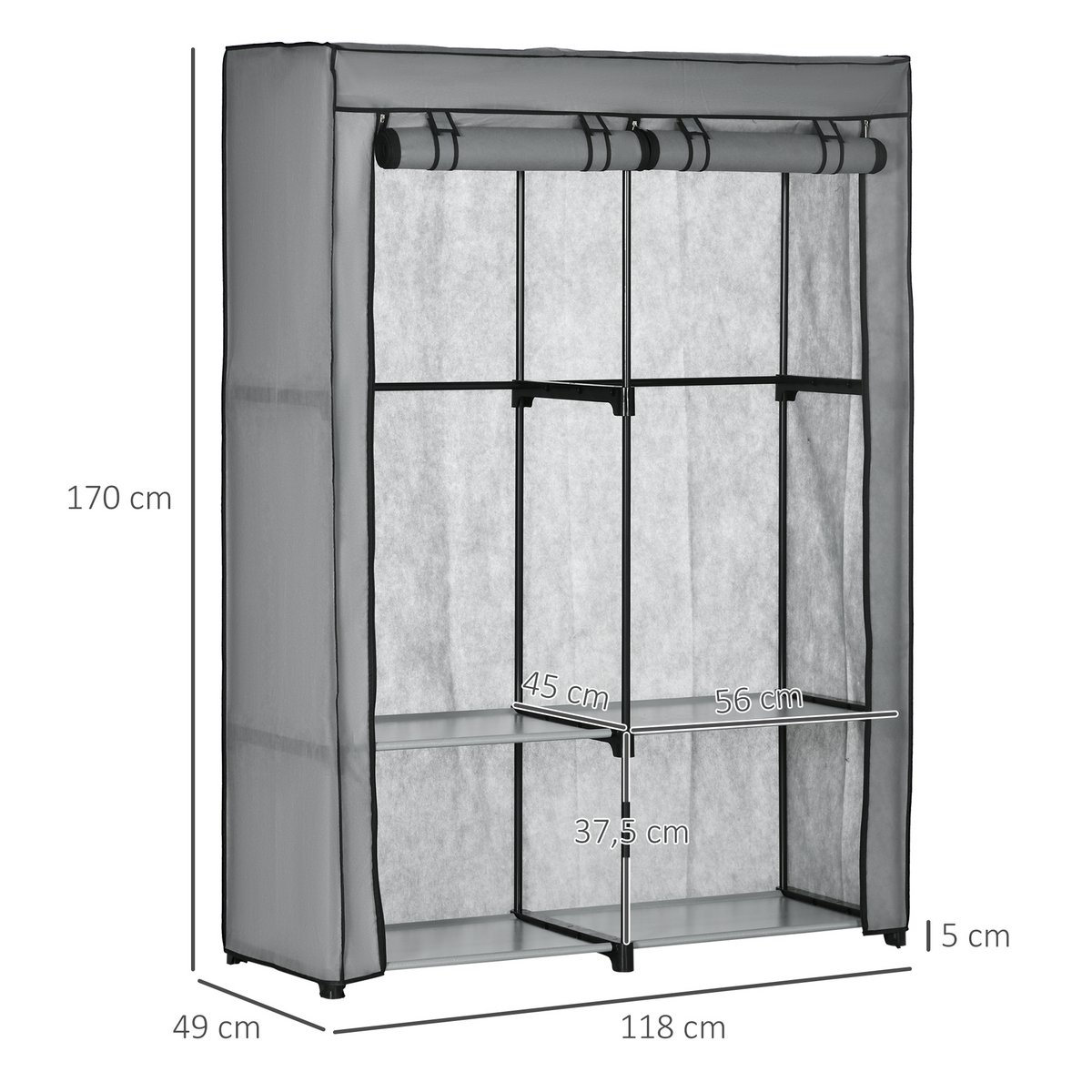 Fabric Closet Storage Solution 4 Shelves 2 Clothes Rails Gray