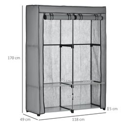 Fabric Closet Storage Solution 4 Shelves 2 Clothes Rails Gray
