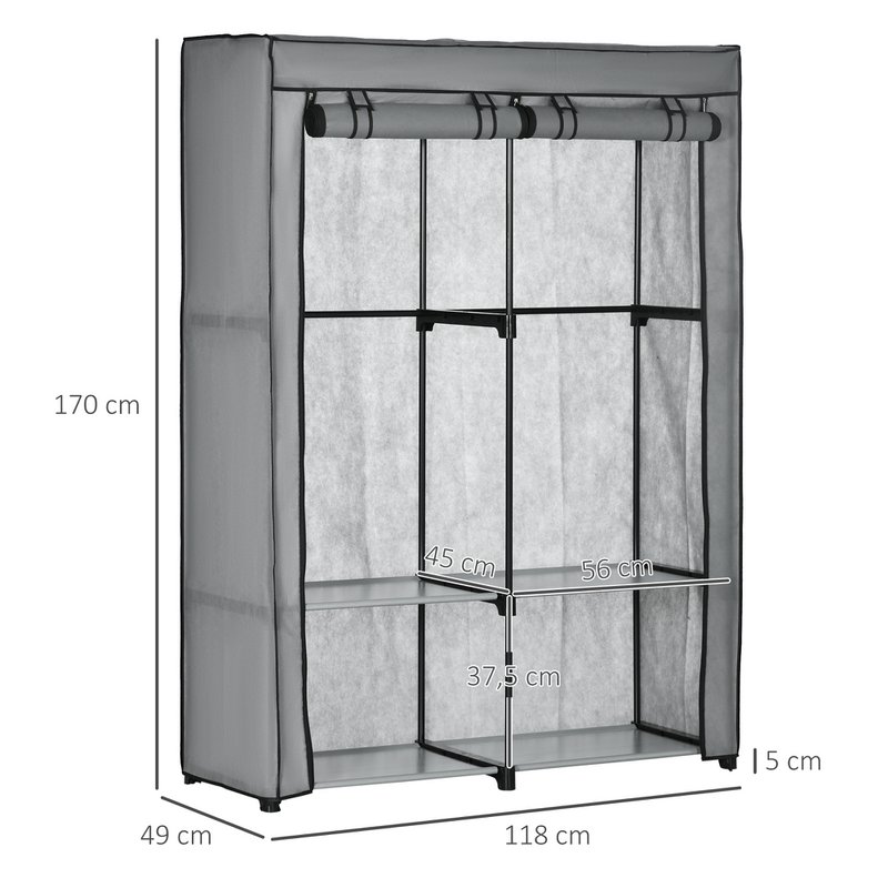 Fabric Closet Storage Solution 4 Shelves 2 Clothes Rails Gray