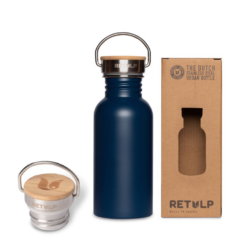 RVS drinkfles bamboe dop 500 ml steel BLUE
