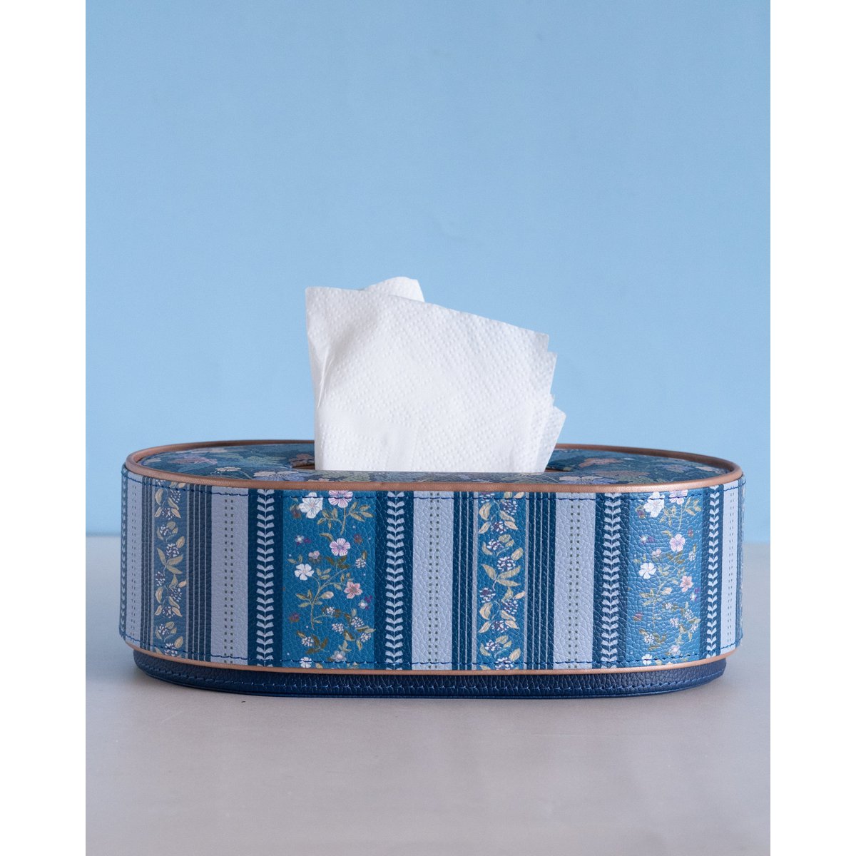Vegan Leather Oval Tissue Box - Floral-Patterned Top