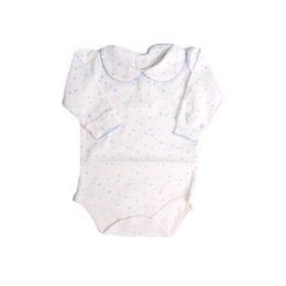 Blue stars pattern, white cotton baby bodysuit, long sleeves, newborn dress