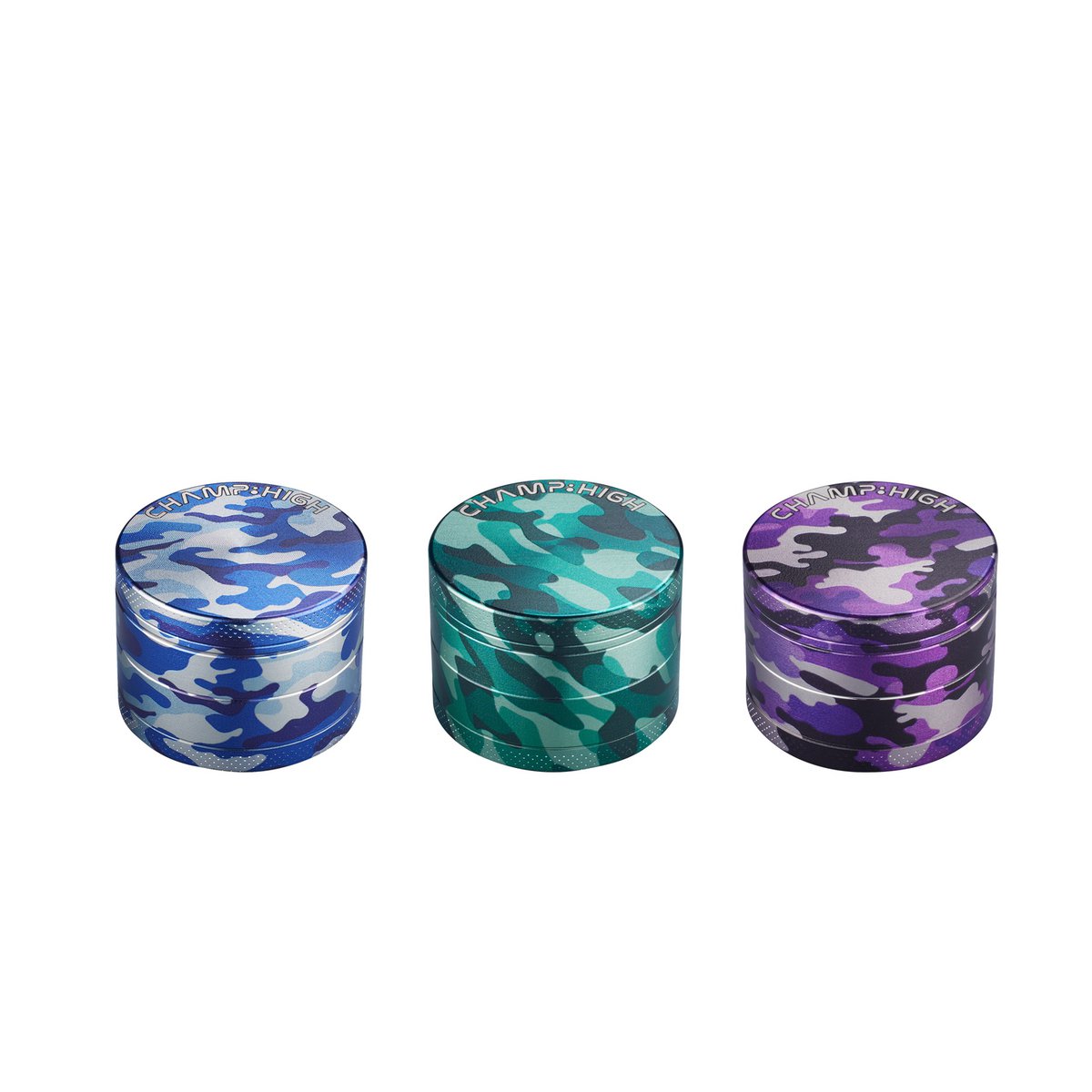 Display of 9 military spice mills - Blue, Purple and Green