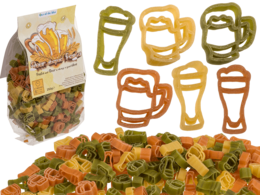 "Colorful tricolor durum wheat pasta, beer mug shapes, fun novelty noodles for themed dining"