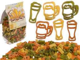 "Colorful tricolor durum wheat pasta, beer mug shapes, fun novelty noodles for themed dining"